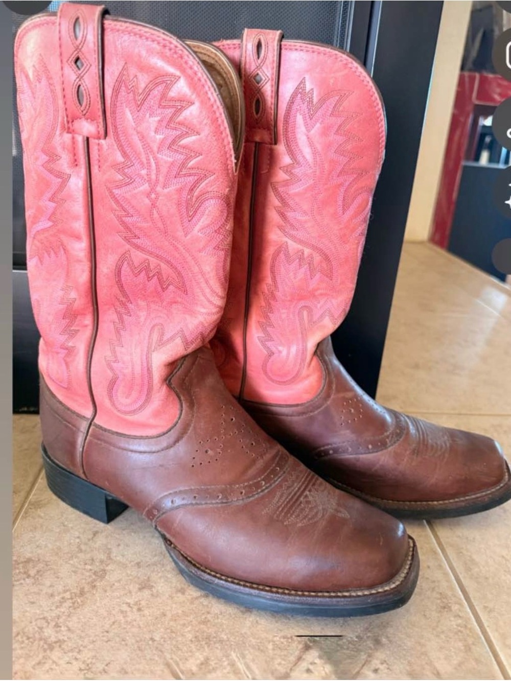 Justin Boots Two-Tone Brown Leather Foot with Pink Shaft Cowboy Boots